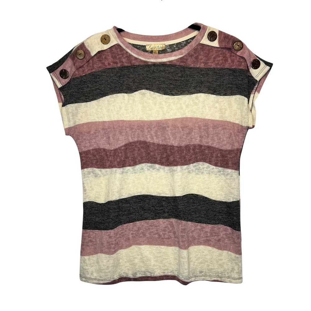 Womens L Knit Cap Sleeve Top Stripe Rose Charcoal‎ Cream Button Coastal Nautical